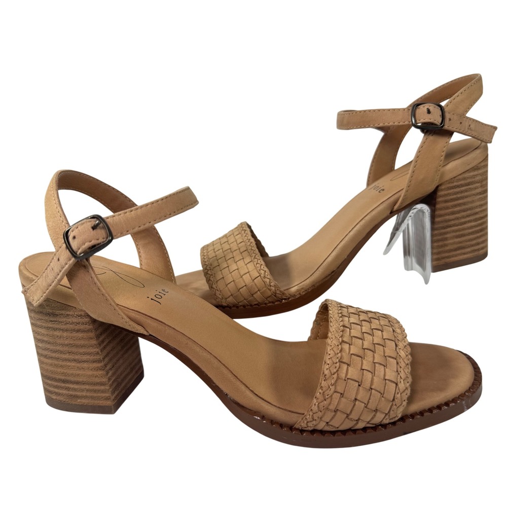 Joie Women Leather Woven Heeled Sandals Tan Ankle Strap‎ Block Heel Size 9